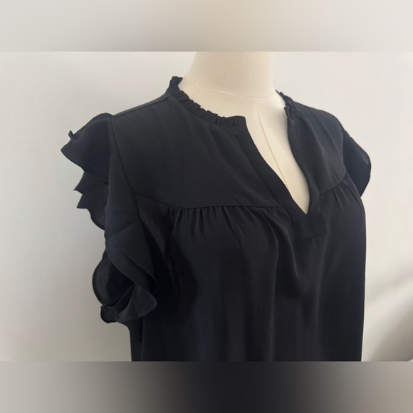 Ann Taylor Black Flutter Sleeve Blouse with Mandarin Collar - Picture 1 of 8